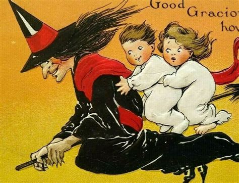 Vintage Halloween Postcard Large Witch And Children Riding Broom Etsy