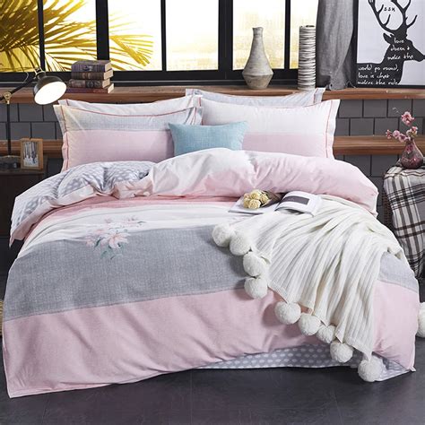 2018 Flowers Pink Grey Bed Covers Sanding Cotton Duvet Cover Set