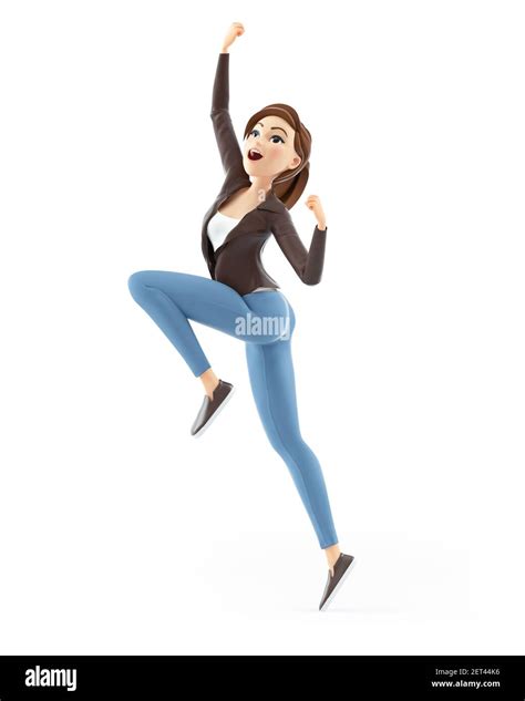 3d Cartoon Woman Jumping For Joy Illustration Isolated On White