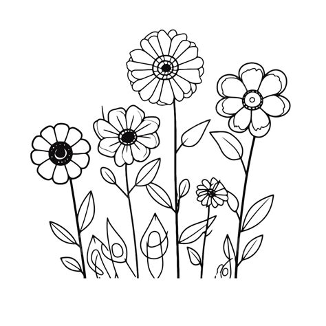 Flower Coloring Page With Black And White Flowers Outline Sketch