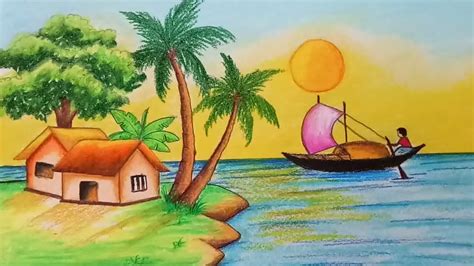 How To Draw Scenery Of River Side Villagestep By Step Easy Draw