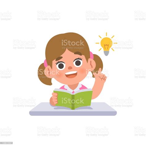A White Girl Get An Idea On The Desk With A Book And A Bulb Illustration Cartoon Character