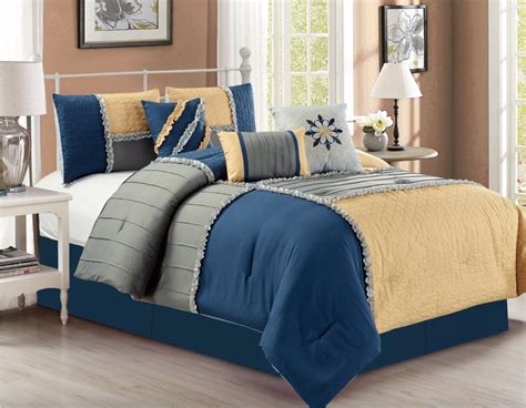 Empire Home 7 Piece Elegant Spring Navy And Yellow Embossed Ruffled