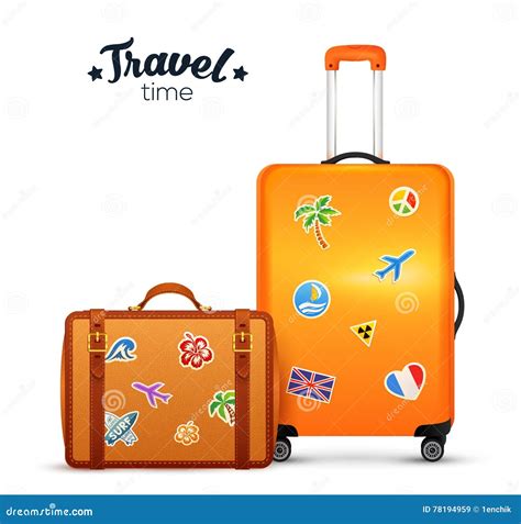 Orange And Leather Vector Traditional Wheel Suitcases With Stickers Stock Vector Illustration