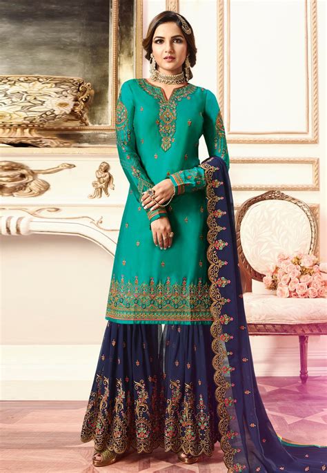 Jasmin Bhasin Sea Green Satin Embroidered Sharara Suit 164301 Sharara Suit Designer Dresses