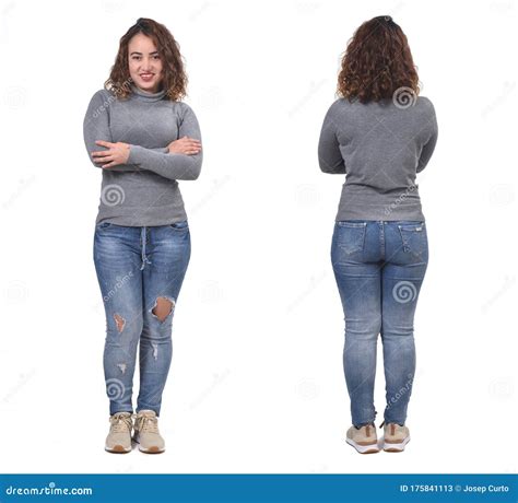 Woman With Jeans Front And Back Arms Crossed On White Background Stock