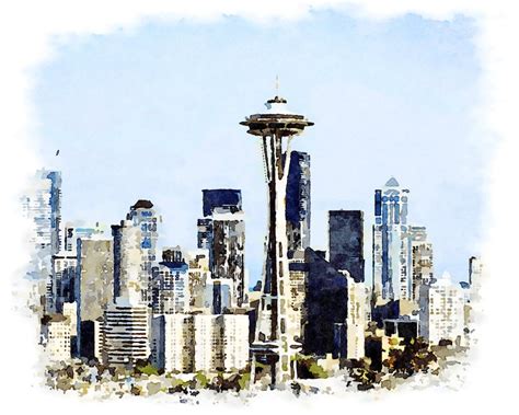 Seattle Skyline Watercolor Art Printable Space Needle City Etsy