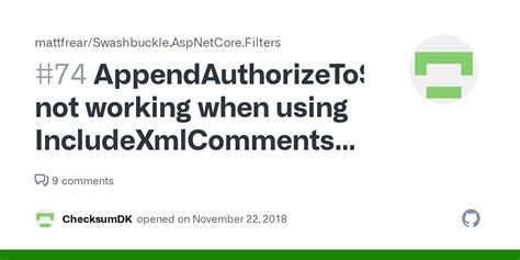 AppendAuthorizeToSummaryOperationFilter Not Working When Using IncludeXmlComments And Tag
