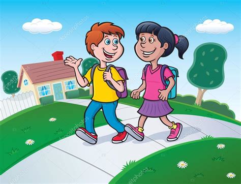 Dos Niños Caminando A La Escuela Con Mochilas Ilustración De Stock De