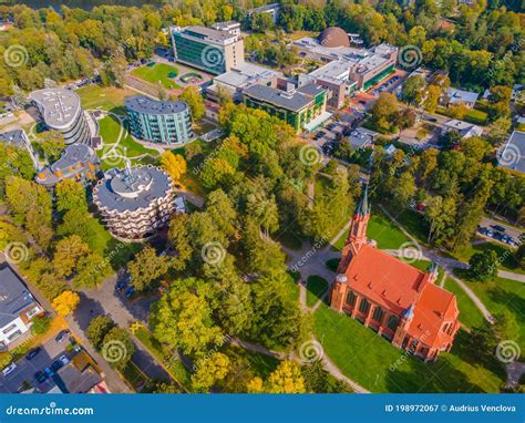 Aerial View Of Lithuanian Resort Druskininkai Church In City Park Stock