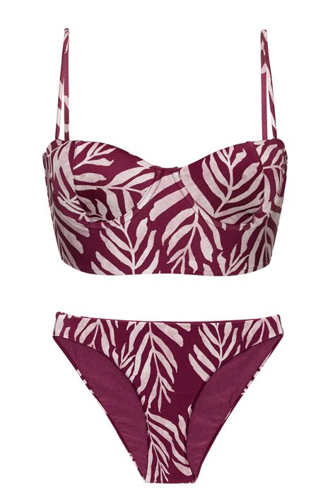 Wine Color Laced Back Bralette Bikini With Leaf Pattern Set Palms