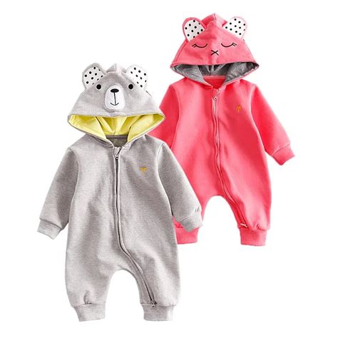 Autumn Warm Baby Hooded Rompers Jumpsuits Long Sleeve Animal Bear