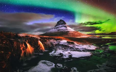 Kirkjufell Mount Night Waterfalls Northern Lights Icelandic