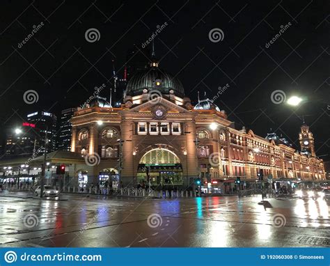 Flinders Street Station Melbourne On A Rainy Night Stock Photo Image