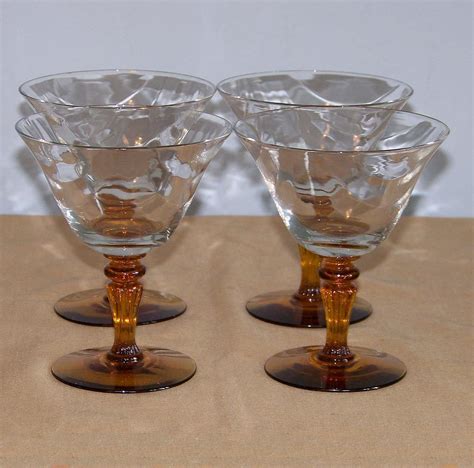 4 Tiffin 15071 Optic Champagne Sherbet Goblets Amber Stems Crystal Bowls Goblet Pottery