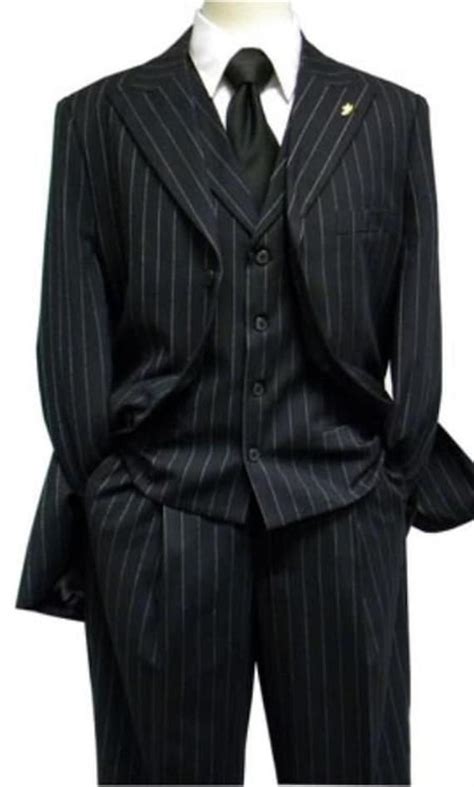 Mens 1920s Black Gangster Stripe Suit With Vest Vinci V2rs 9