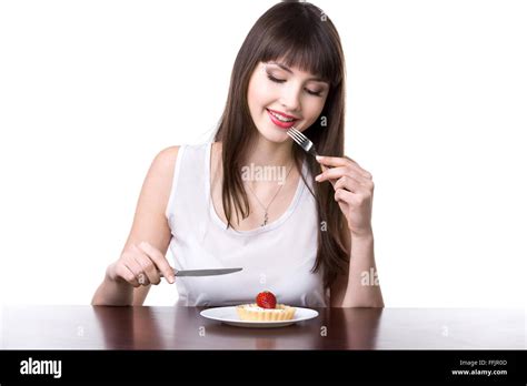 Young Cute Smiling Woman Sitting In Front Of Plate With Delicious