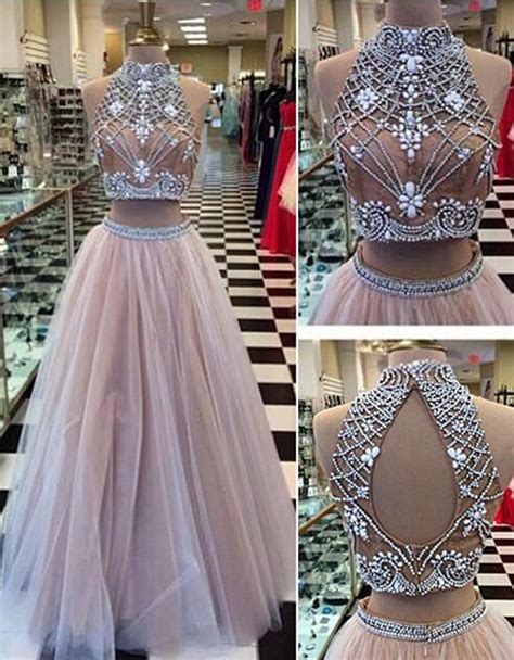 2 Pieces Prom Dresses Sexy Tulle Prom Dress Lace Prom Dress Long