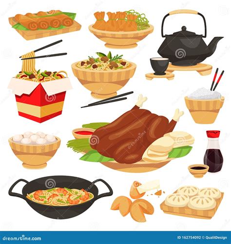 Chinese Traditional Holiday Food Dishes Vector Flat Cartoon