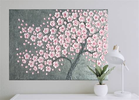 3d Painting On Canvas Cherry Blossom Tree Art Bedroom Wall Etsy