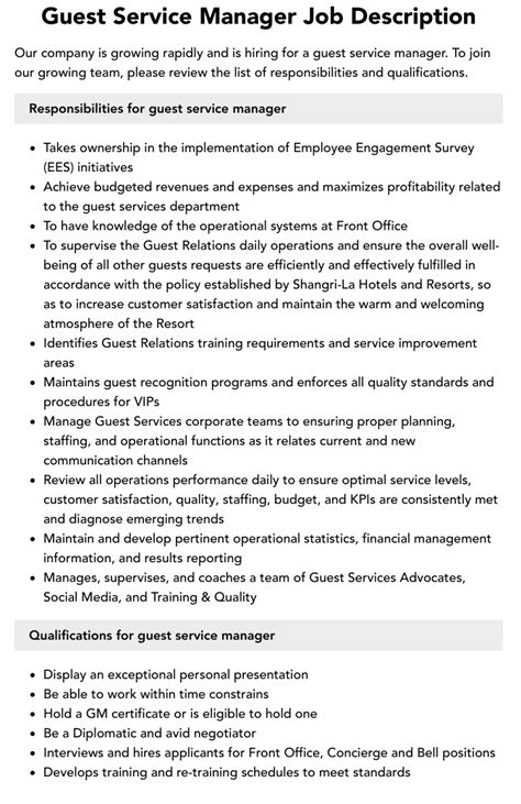 Guest Service Manager Job Description Velvet Jobs