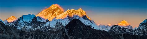 Golden Sunset On Mt Everest Summit Himalaya Mountains Peaks Panorama