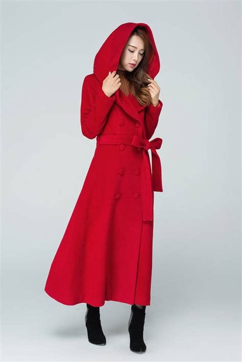 Red Wool Coat Long Wrap Coat Trench Coat Maxi Coat Hooded Etsy