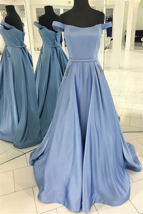 Princess Off The Shoulder Blue Long Prom Dress With Pockets Light