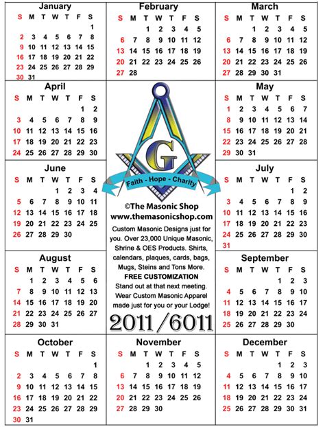 2011 Free Printable Masonic Calendar From The Masonic Shop