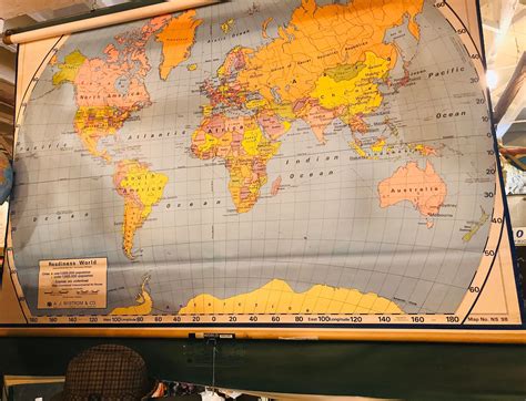 World Map 1950s Aj Nystrom Readiness Pull Down Mapvintage School Map