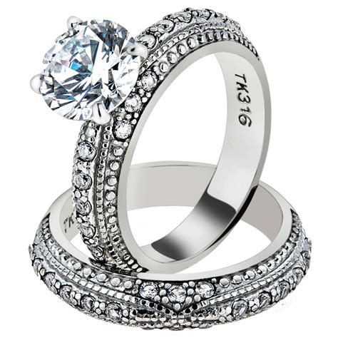 Artk1228 Stainless Steel 325 Ct Round Cut Cz Vintage Wedding Ring Set