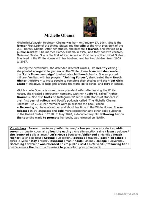 Michelle Obama Biography Reading Fo English Esl Worksheets Pdf And Doc