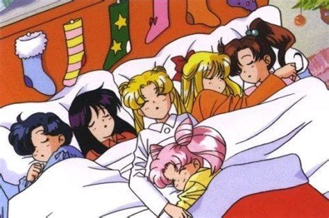 An Anime Scene With Many People Sleeping In The Bed And One Is Holding Her Head Up
