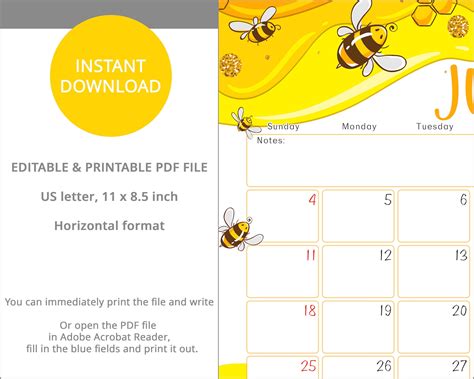 Editable June 2023 Calendar With Bees Wall Calendar 2023 Etsy