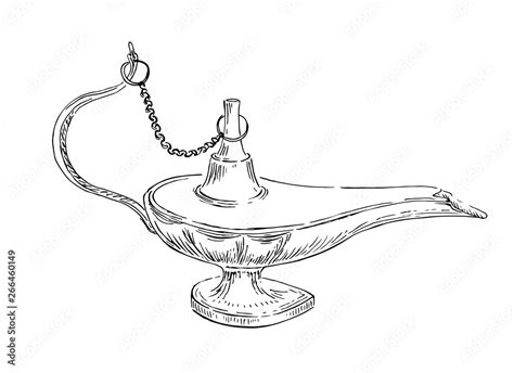 Aladdin Magic Or Genie Lamp Vintage Sketch Of Hand Drawn Oil Lamp