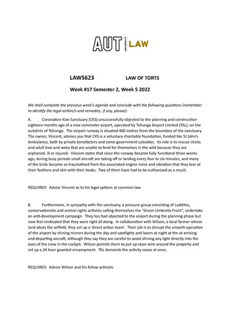 17 Torts 2022 Tutorial Work Laws623 Law Of Torts Week 17 Semester