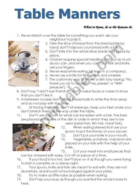 Table Manners Esl Worksheet By Yanishka