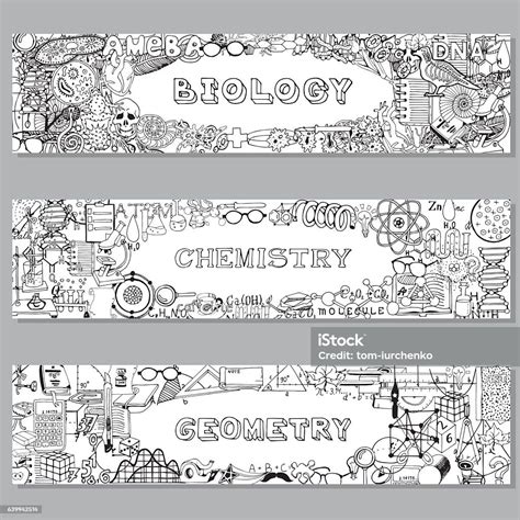 Vector Banners Set Biology Chemistry And Geomerty Doodle Elements Stock