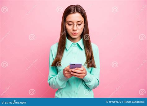 Photo Of Pretty Lady Holding Telephone Hands Reading New Post Text Before Share With Followers