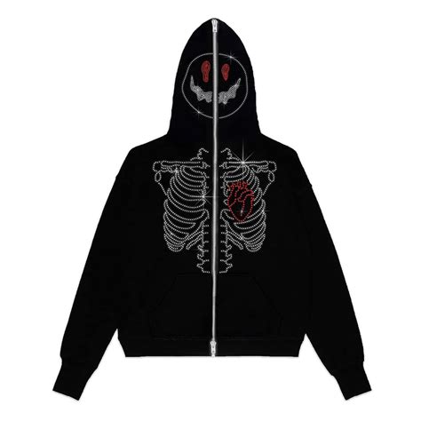 Rhinestone Skull Skeleton Streetwear Oversized Hoodie Men Jacket Jacket