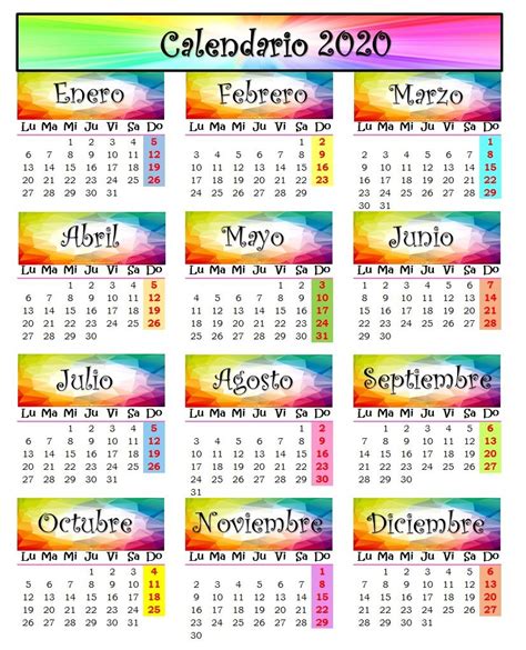 Calendario 2020 Para Imprimir En Espanol Para Ninos
