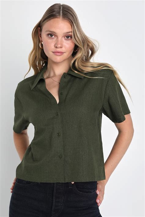 Green Linen Top Short Sleeve Top Cropped Button Up Top Lulus