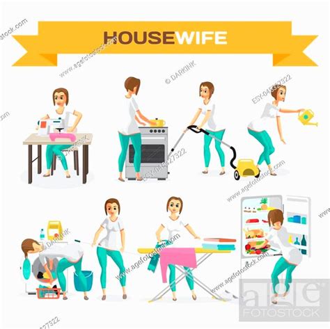 Set Of Woman Housewife Flat Cartoon Vector Illustration Stock Vector