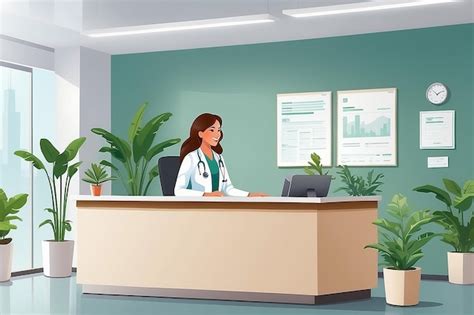 Premium Photo Woman Receptionist In Medical Coat Stands At Reception Desk In Hospital Front