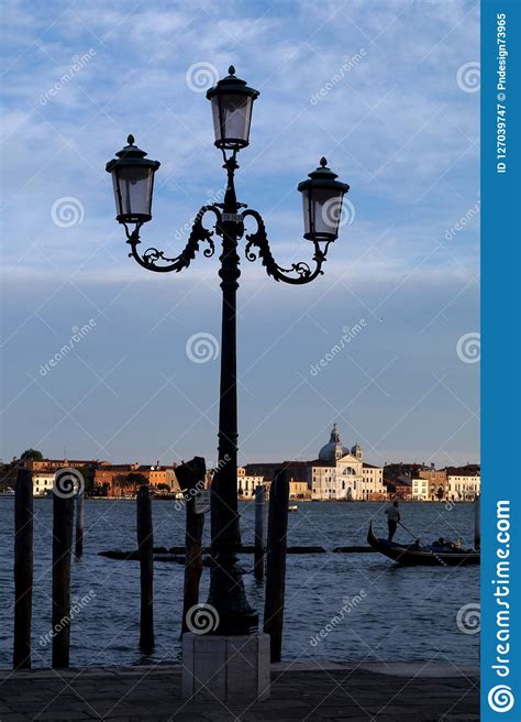 Venice Italy Street Lamp Background With A Gondolas Editorial