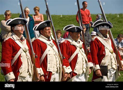 Royal Marines Of 1770 Re Enactment Army Soldiers In Period Uniform