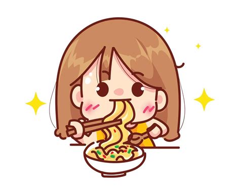 Cute Girl Eating Noodles Or Ramen Restaurant Logo Concept Cartoon Character Hand Draw Art