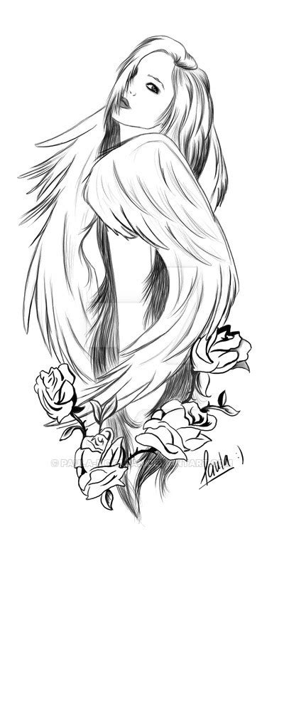 Pretty Uncolored Angel Girl With Roses Tattoo Design By Paula Mckagan