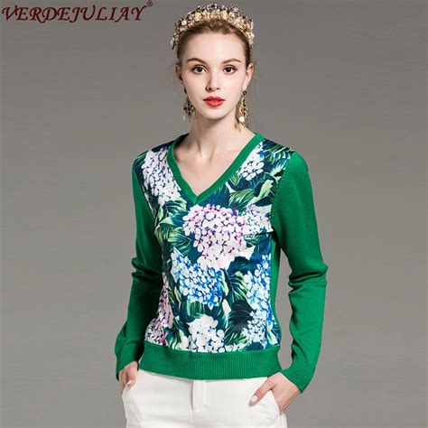 Women Sweaters 2018 Hot Sale Spring Fashion Flowers Print V Neck