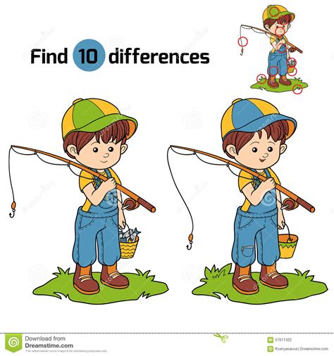 Find Differences Game Little Boy Fisher Stock Vector